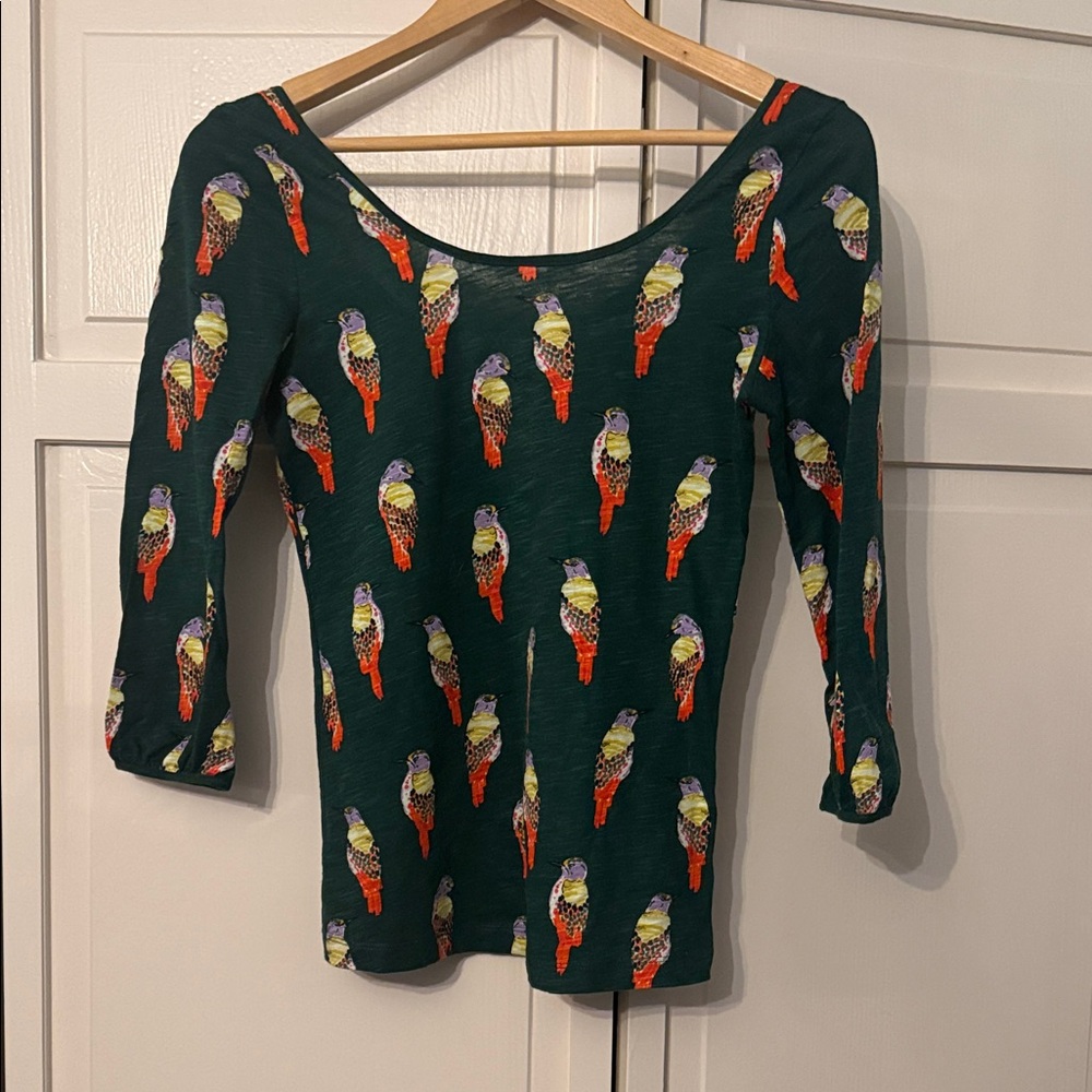 Anthropologie Green Parrot Print Long Sleeve Top
